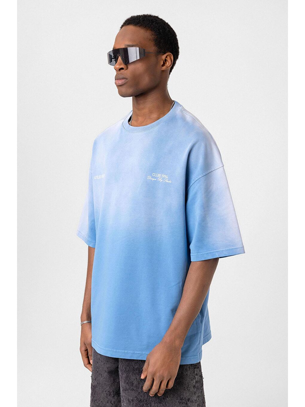 Yıkamalı Oversize Tişört Mavi-3