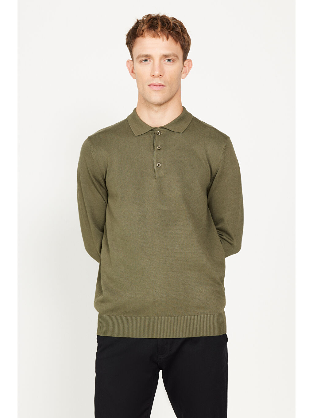 Erkek Haki Standart Fit Normal Kesim Polo Yaka Triko Kazak-4