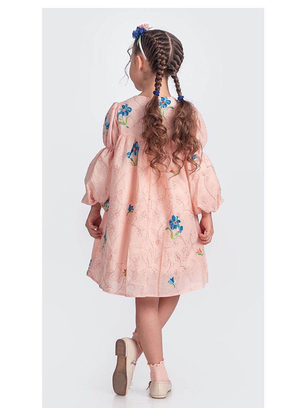Pembe Otantik Akdeniz Çiçek NakışKız Çocuk Müslin Elbise M00706-8