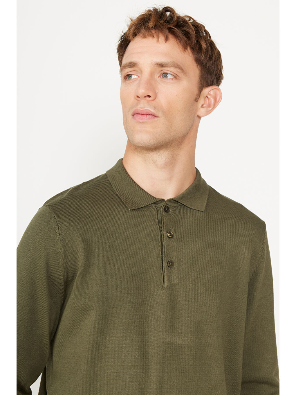 Erkek Haki Standart Fit Normal Kesim Polo Yaka Triko Kazak-5