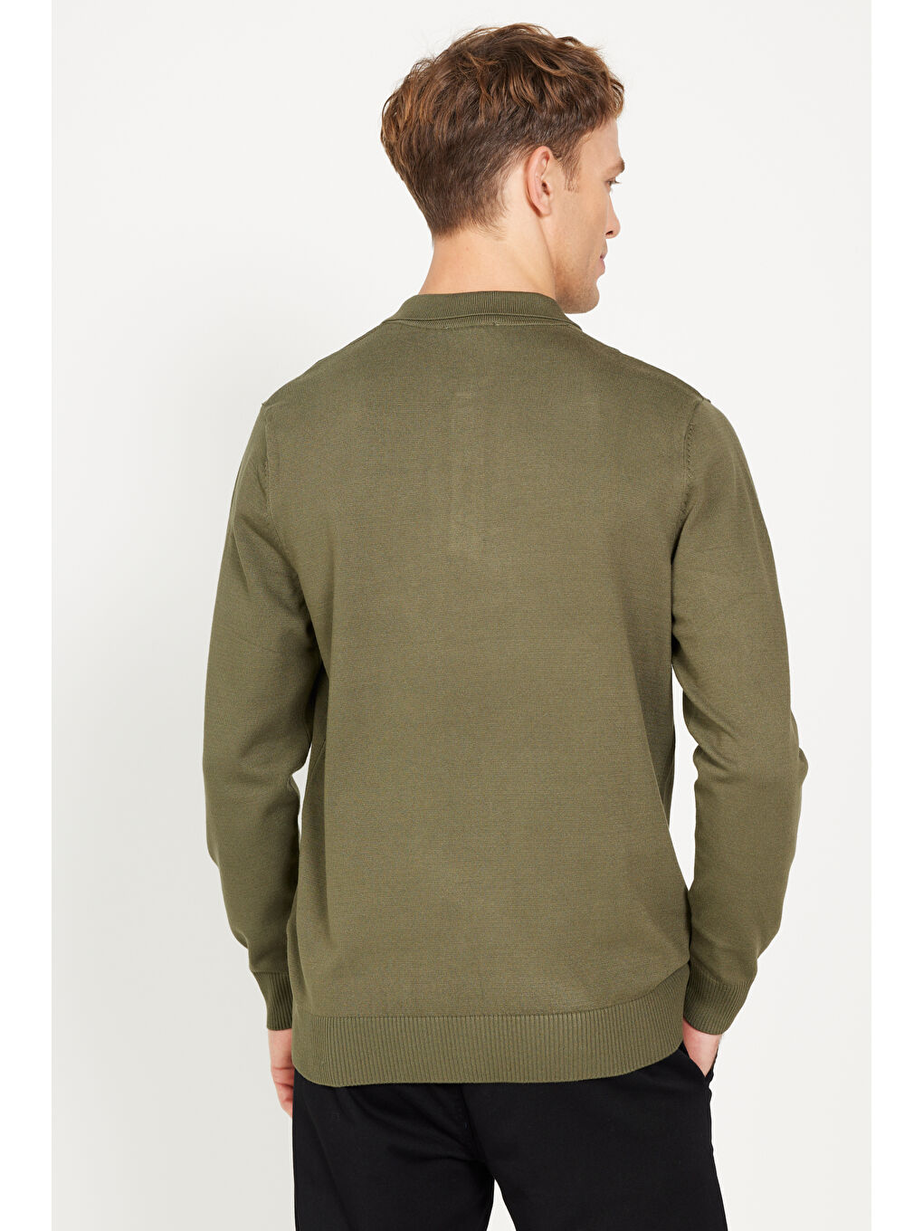 Erkek Haki Standart Fit Normal Kesim Polo Yaka Triko Kazak-6