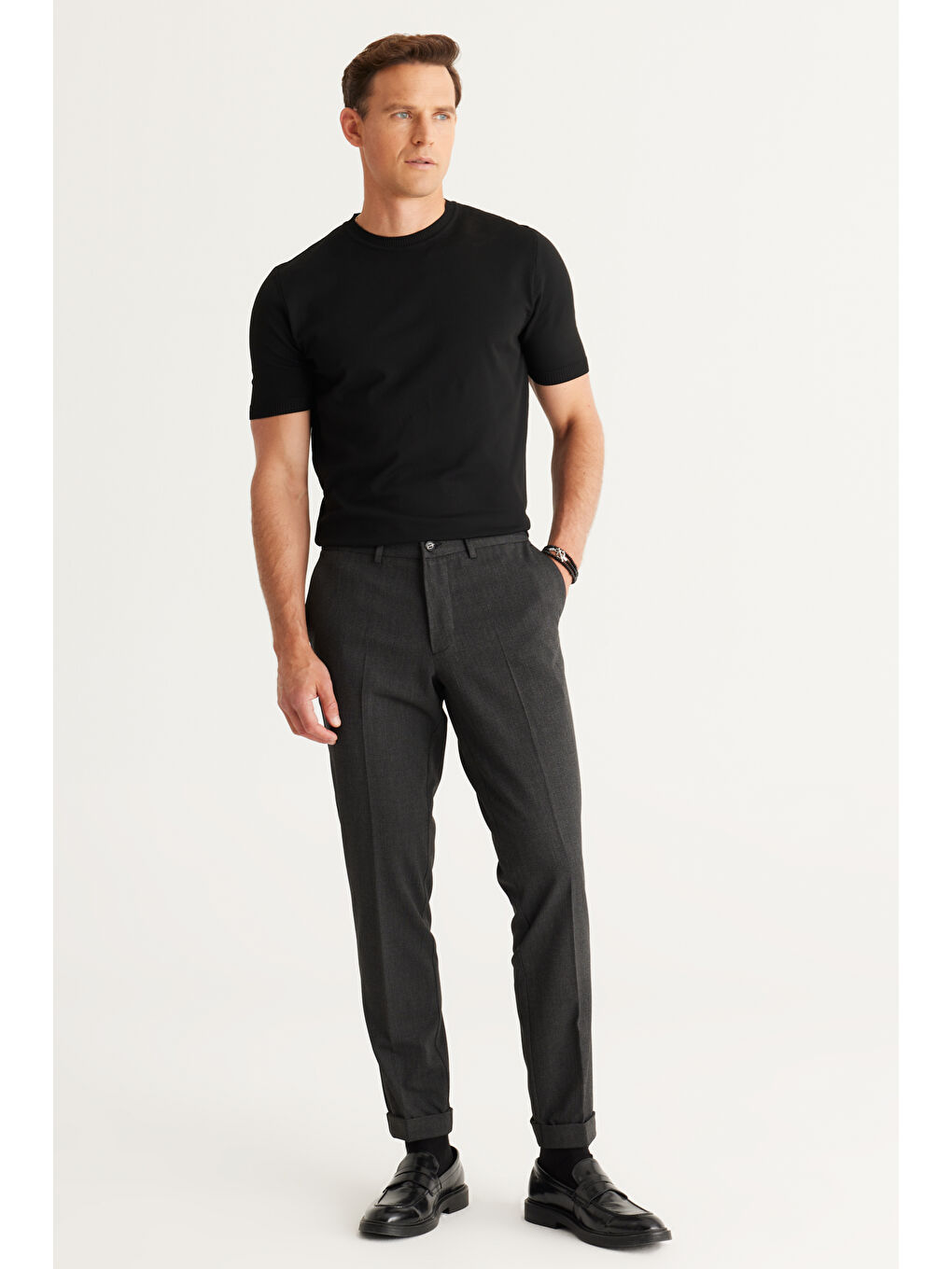 Erkek Gri Slim Fit Dar Kesim Beli Lastikli Esnek Pantolon