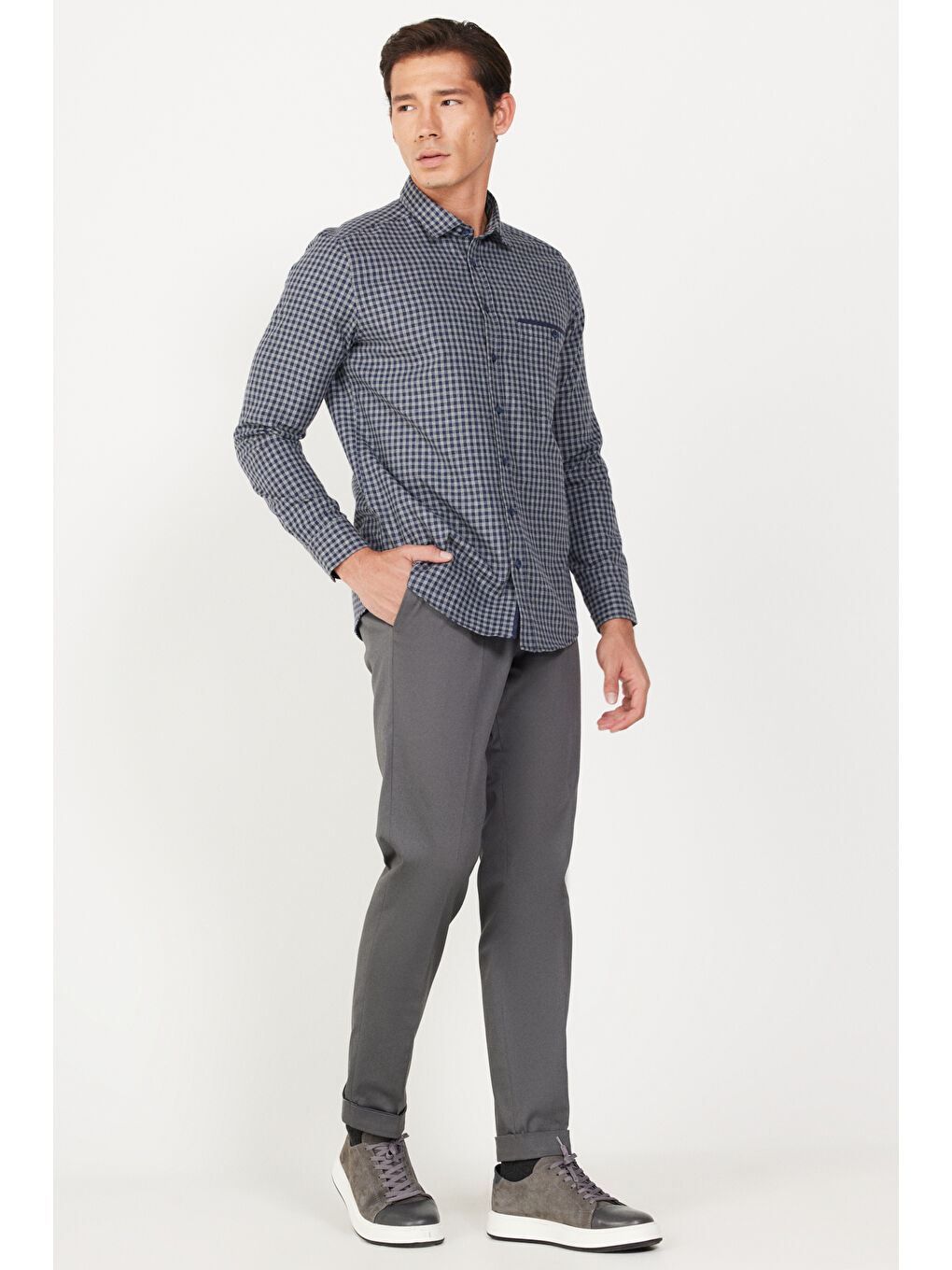 Erkek Gri Slim Fit Dar Kesim Gabardin Kumaş Desenli Pamuklu Esnek Beli Lastikli Pantolon-1