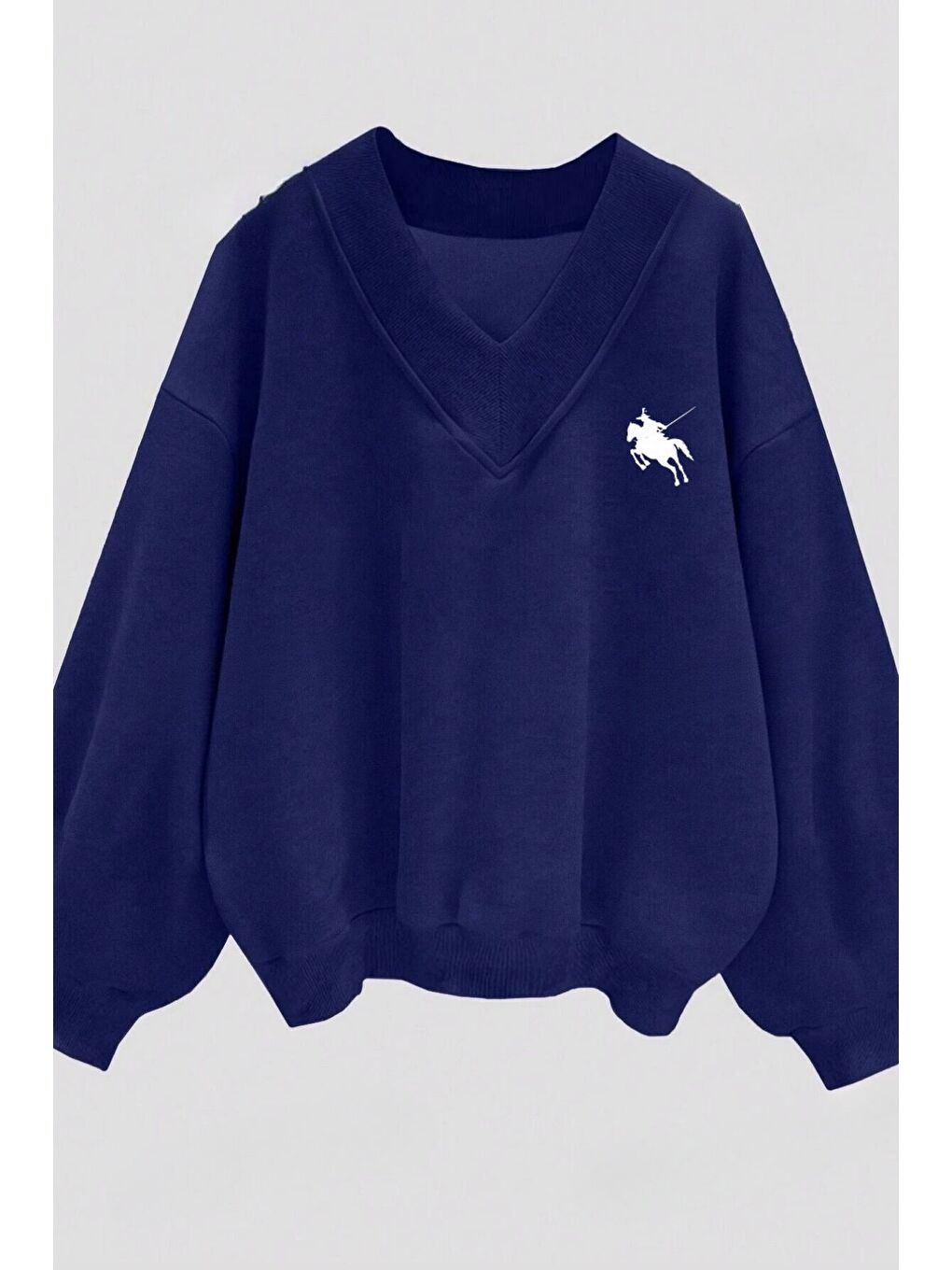 Kadın 3 Iplik Lacivert Cavalry Baskılı V Yaka Oversize Sweatshirt