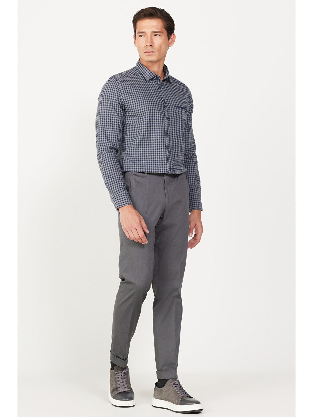 Erkek Gri Slim Fit Dar Kesim Gabardin Kumaş Desenli Pamuklu Esnek Beli Lastikli Pantolon-2