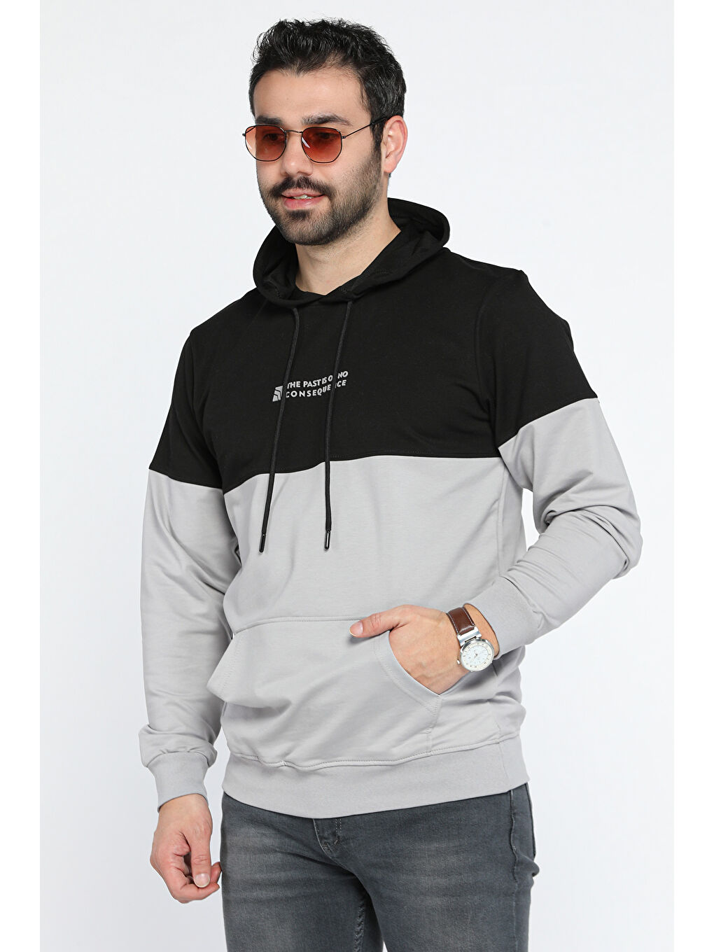 Mishar İtalia Siyah Erkek Kapüşonlu Baskılı Renk Granili Sweatshirt