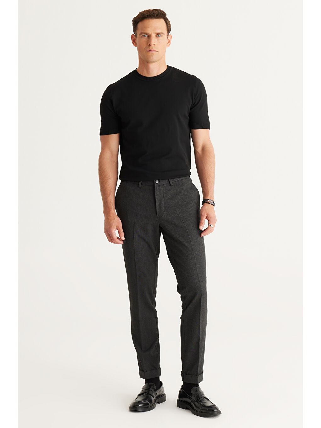 Erkek Gri Slim Fit Dar Kesim Beli Lastikli Esnek Pantolon-1