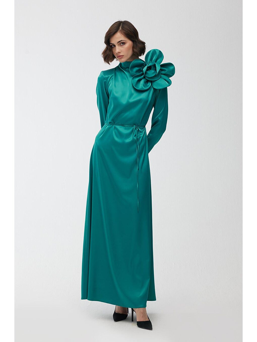 Çiçek Detaylı Saten Abiye Elbise - Broşlu Yeşil-2