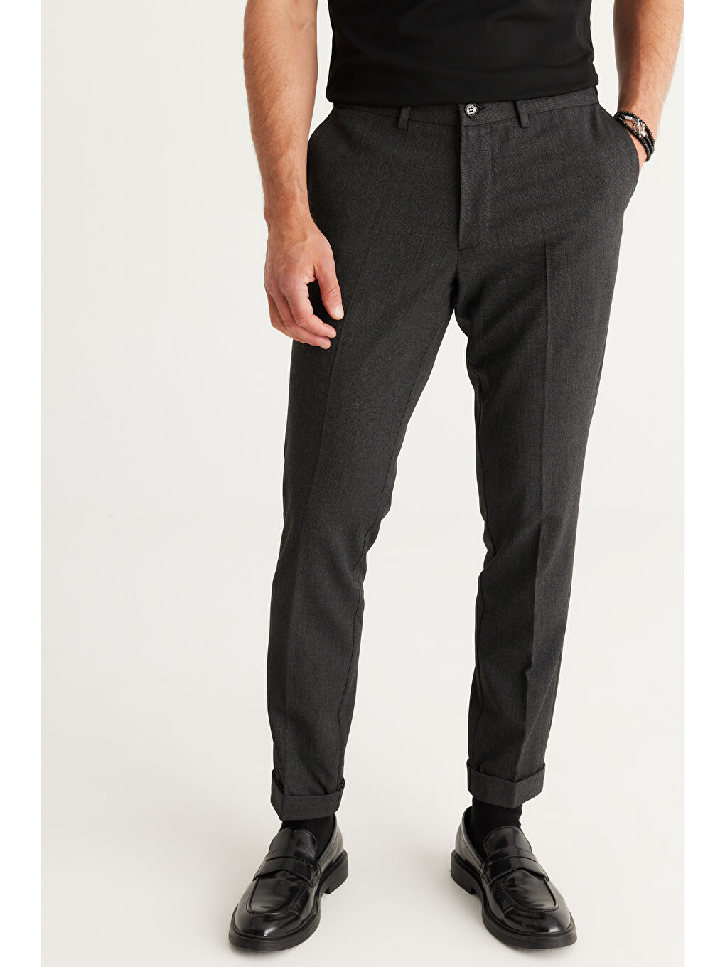 Erkek Gri Slim Fit Dar Kesim Beli Lastikli Esnek Pantolon-2