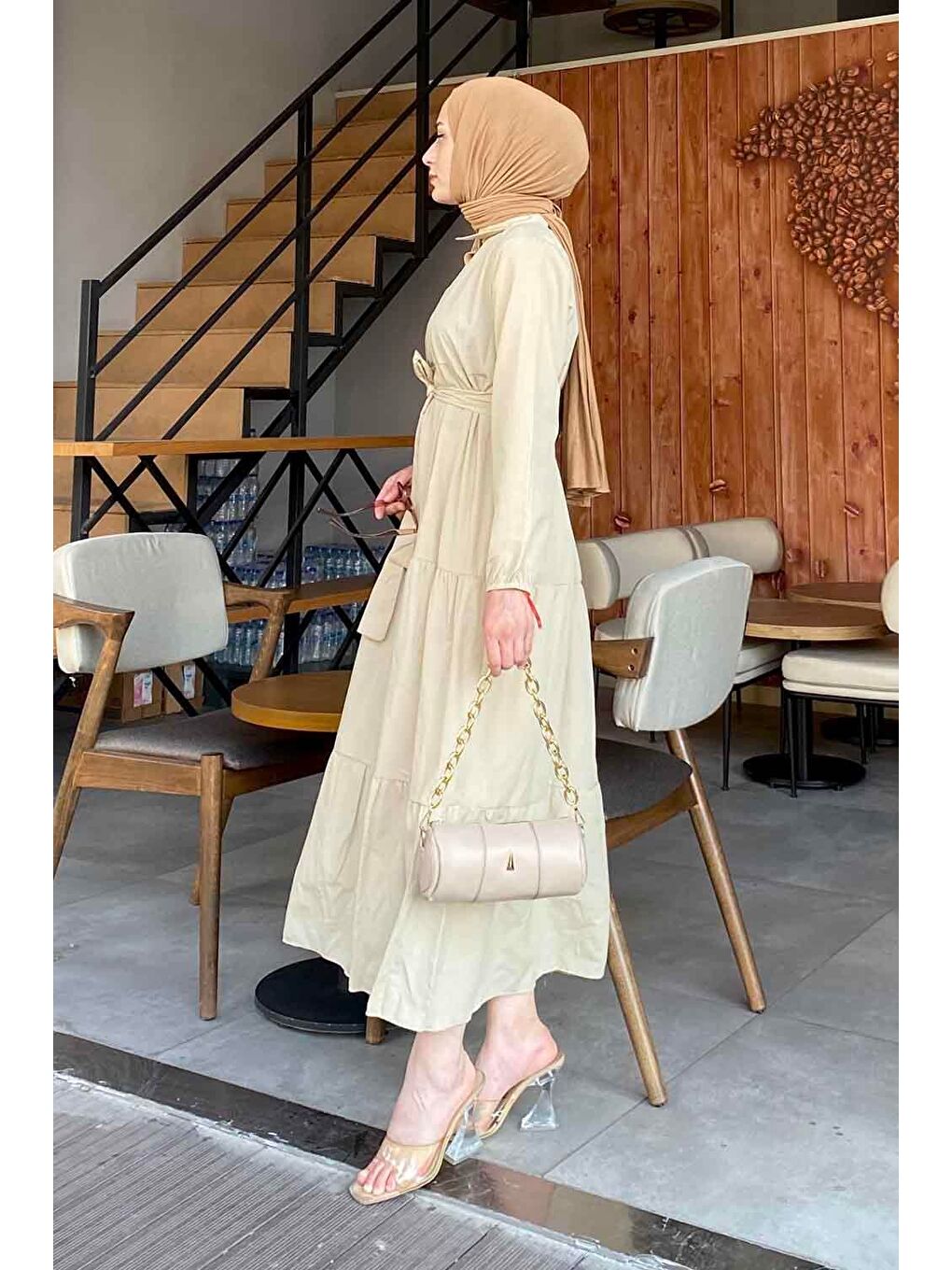 Bej Yarım Düğme Detaylı Terikoton Elbise Taş-1