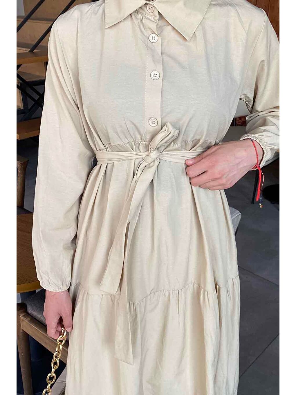 Bej Yarım Düğme Detaylı Terikoton Elbise Taş-2