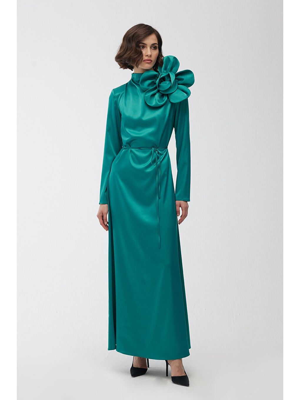 Çiçek Detaylı Saten Abiye Elbise - Broşlu Yeşil-3