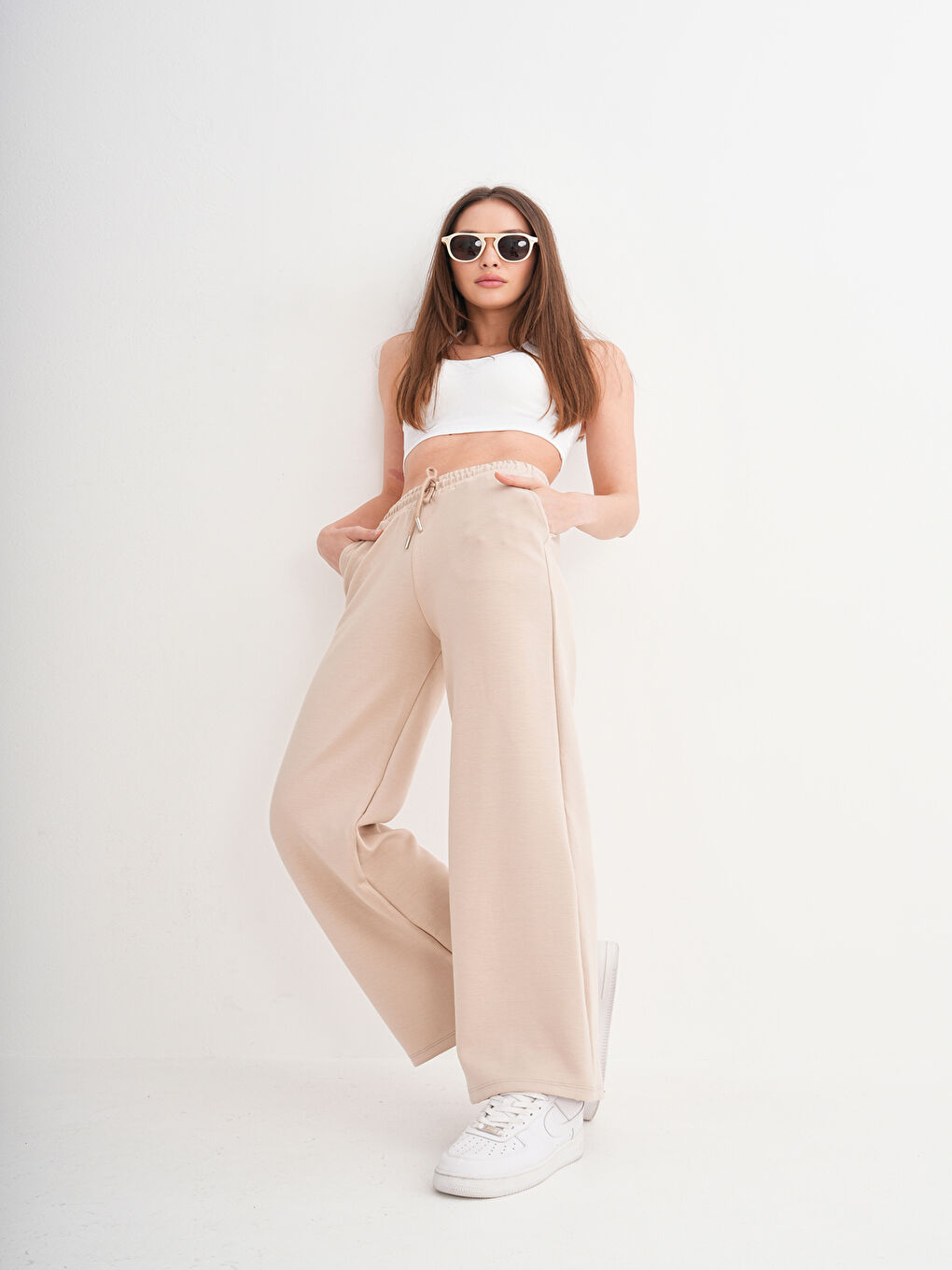 Bej 343 Yüksek Bel Palazzo Yüksek Bel Modal Cepli Eşofman Altı