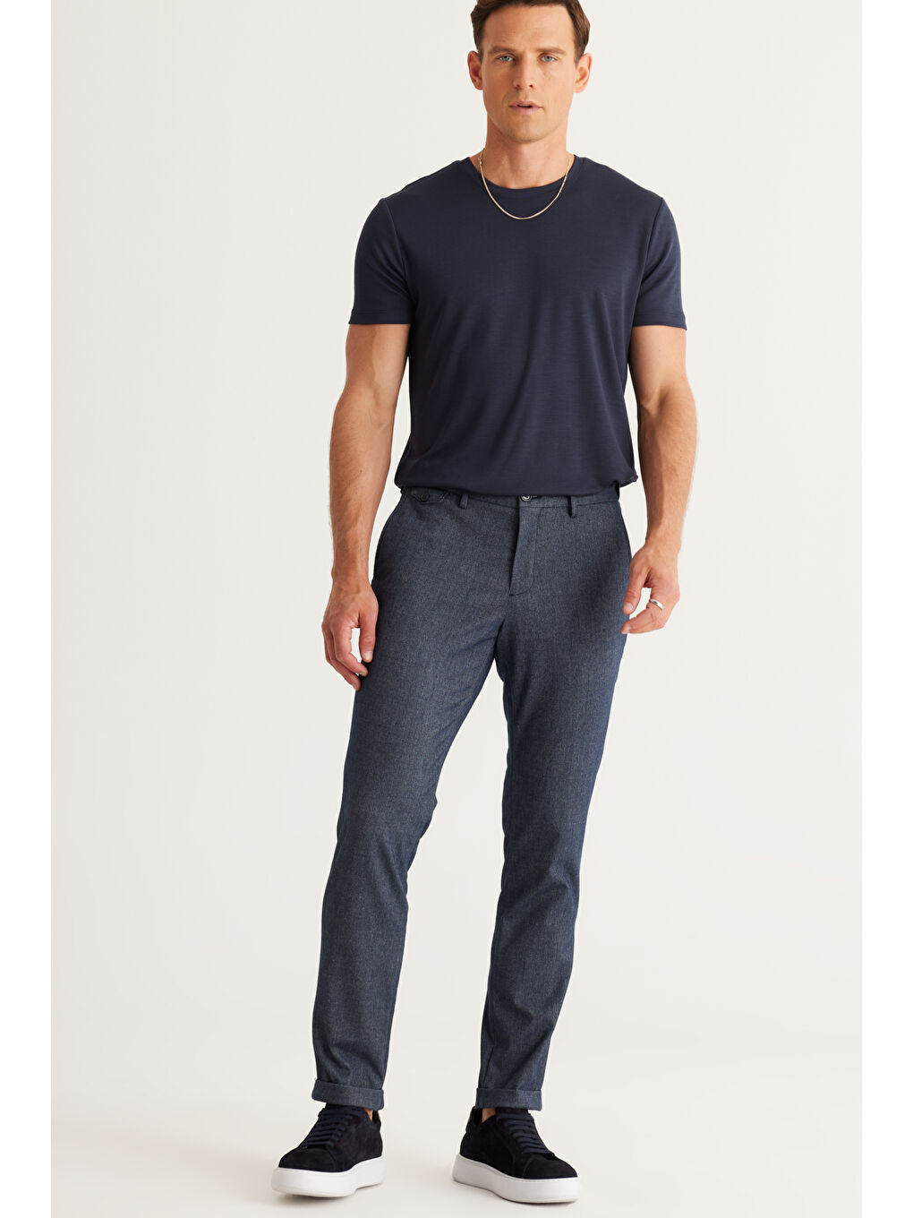 Erkek Lacivert Slim Fit Dar Kesim Yan Cepli Tweet Desenli Beli Lastikli Pantolon-2