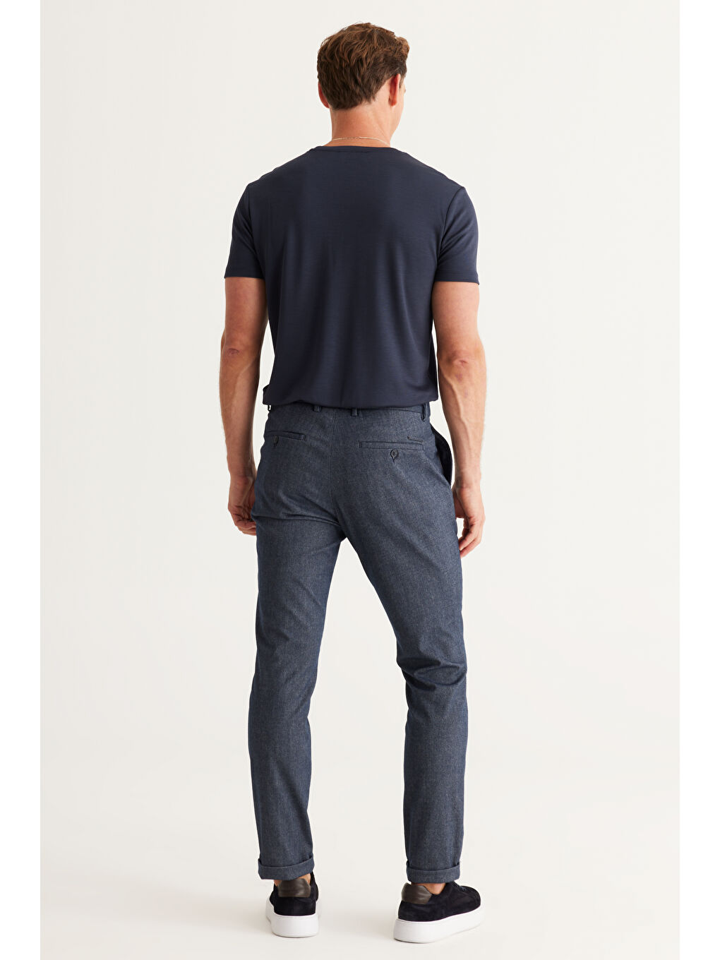 Erkek Lacivert Slim Fit Dar Kesim Yan Cepli Tweet Desenli Beli Lastikli Pantolon-4