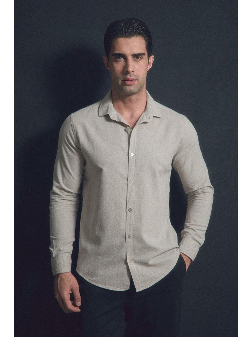 Bej Basic Keten Gömlek-1