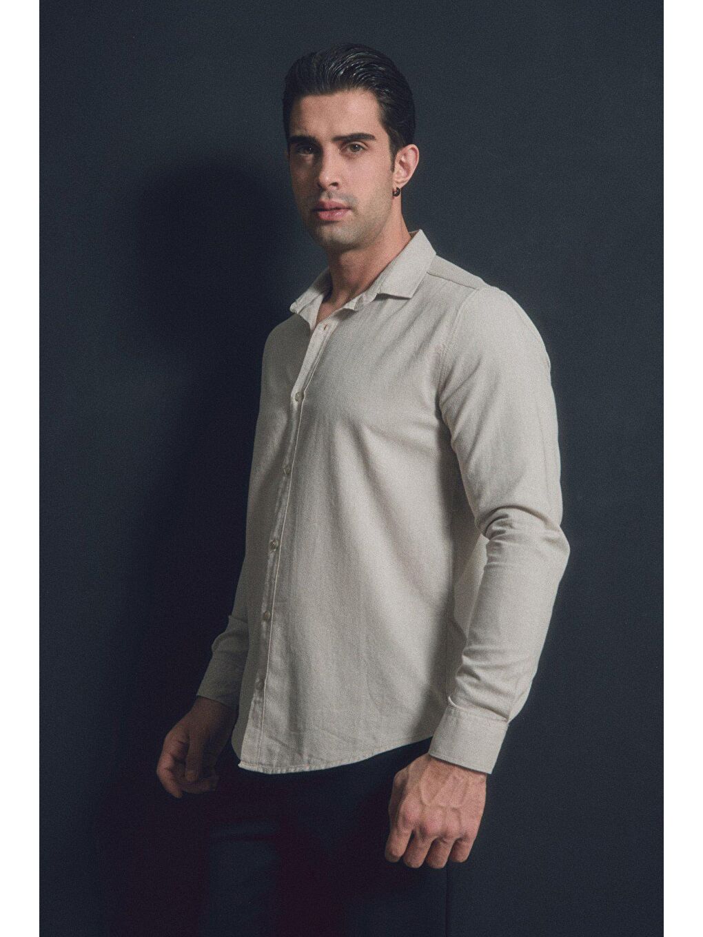 Bej Basic Keten Gömlek-2