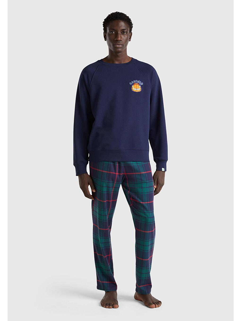 Erkek Lacivert Pamuk Karışımlı Göğsü Garfield Baskılı Bisiklet Yaka Sweater-1