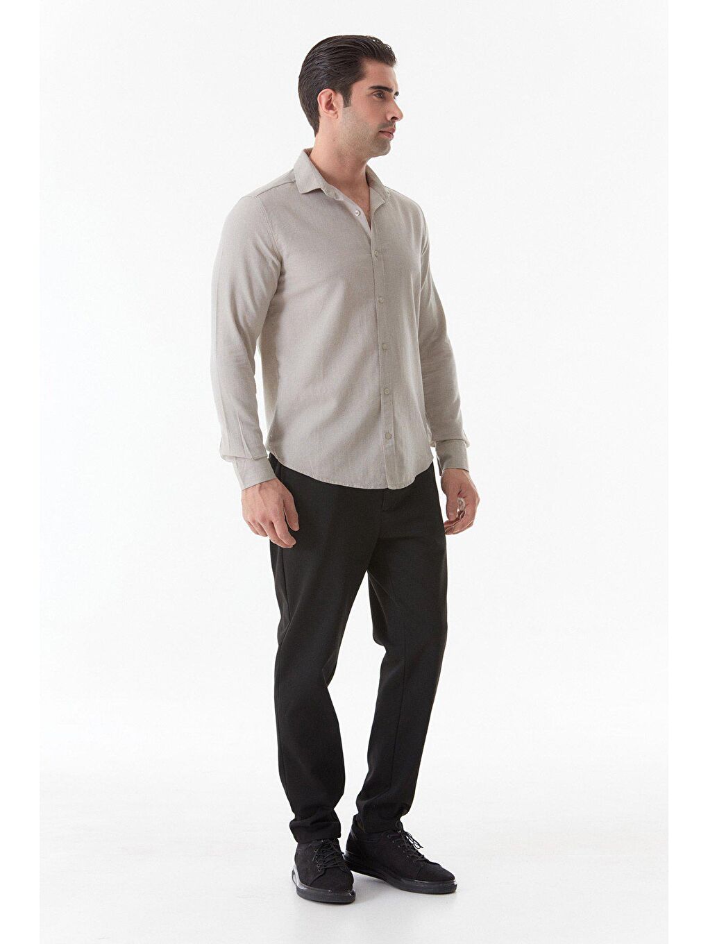 Bej Basic Keten Gömlek-3