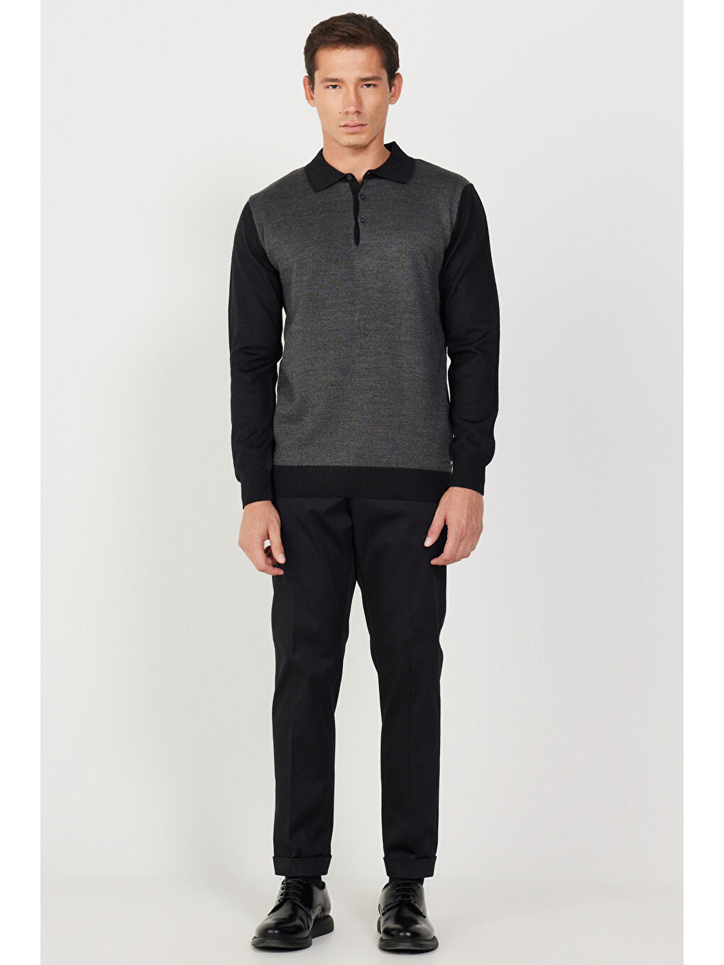 Erkek Siyah Slim Fit Dar Kesim Gabardin Kumaş Desenli Pamuklu Esnek Beli Lastikli Pantolon-2