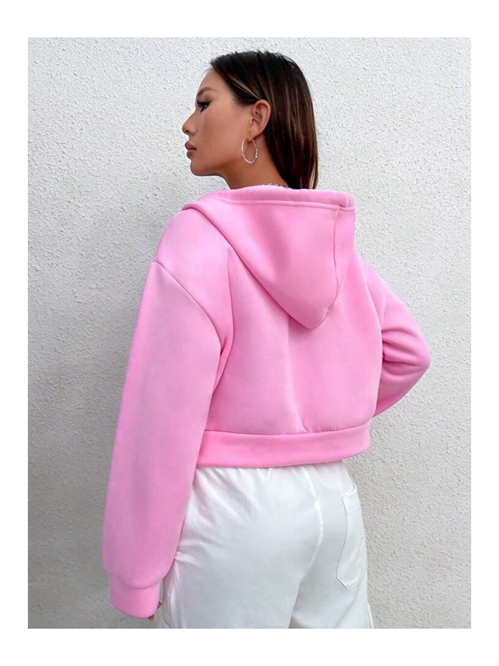 Trendseninle Pembe Kadın Pembe Kapüşonlu Fermuarlı Crop Hırka - 3