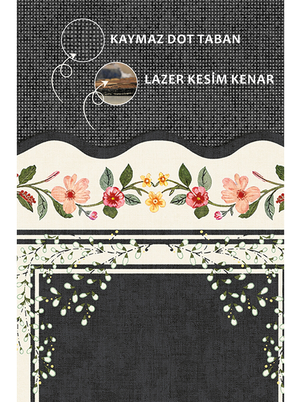 Siyah Modern Dekoratif Halı – Makinada Yıkanabilir, Kaymaz Taban, İnce Lazer Kesim Halı-3