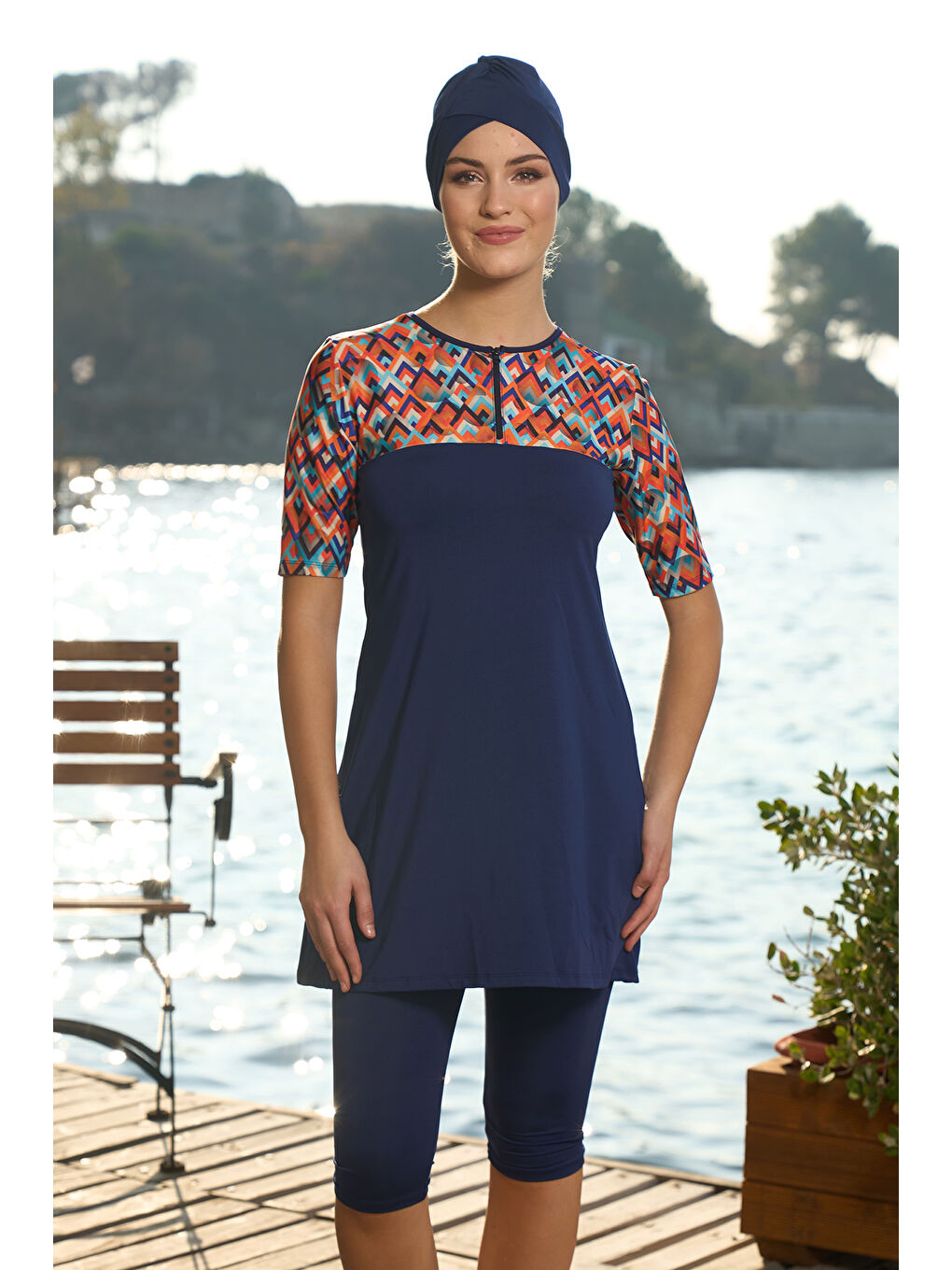 Büyük Beden Kısa Kollu Yarı Kapalı Mayo 24821 Lacivert