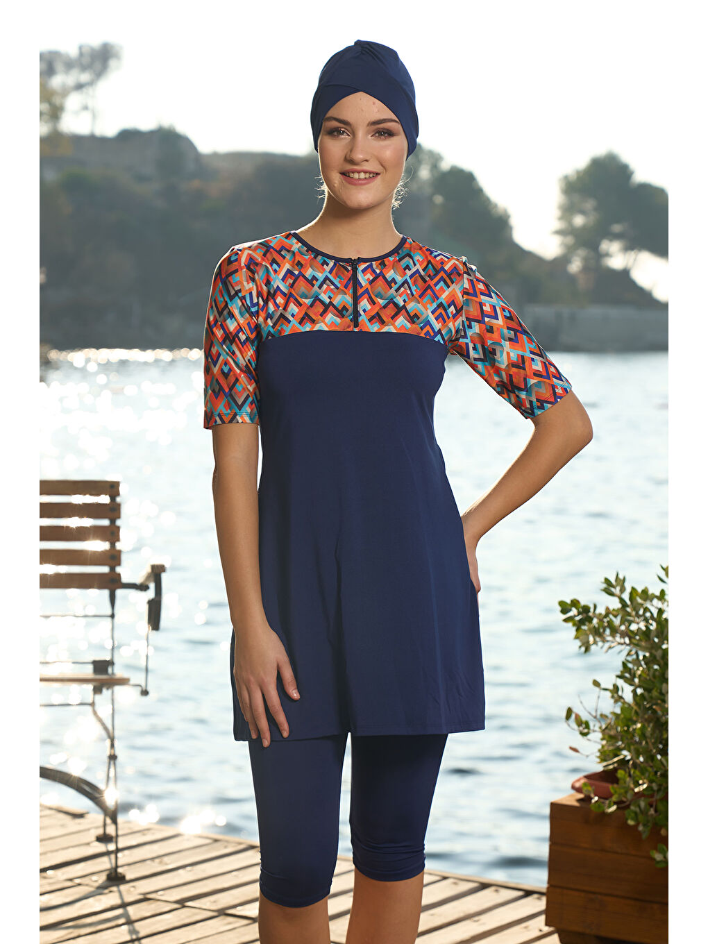 Büyük Beden Kısa Kollu Yarı Kapalı Mayo 24821 Lacivert-1