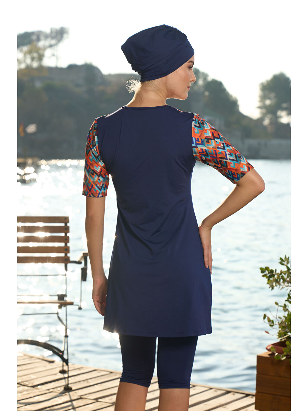 Büyük Beden Kısa Kollu Yarı Kapalı Mayo 24821 Lacivert-2