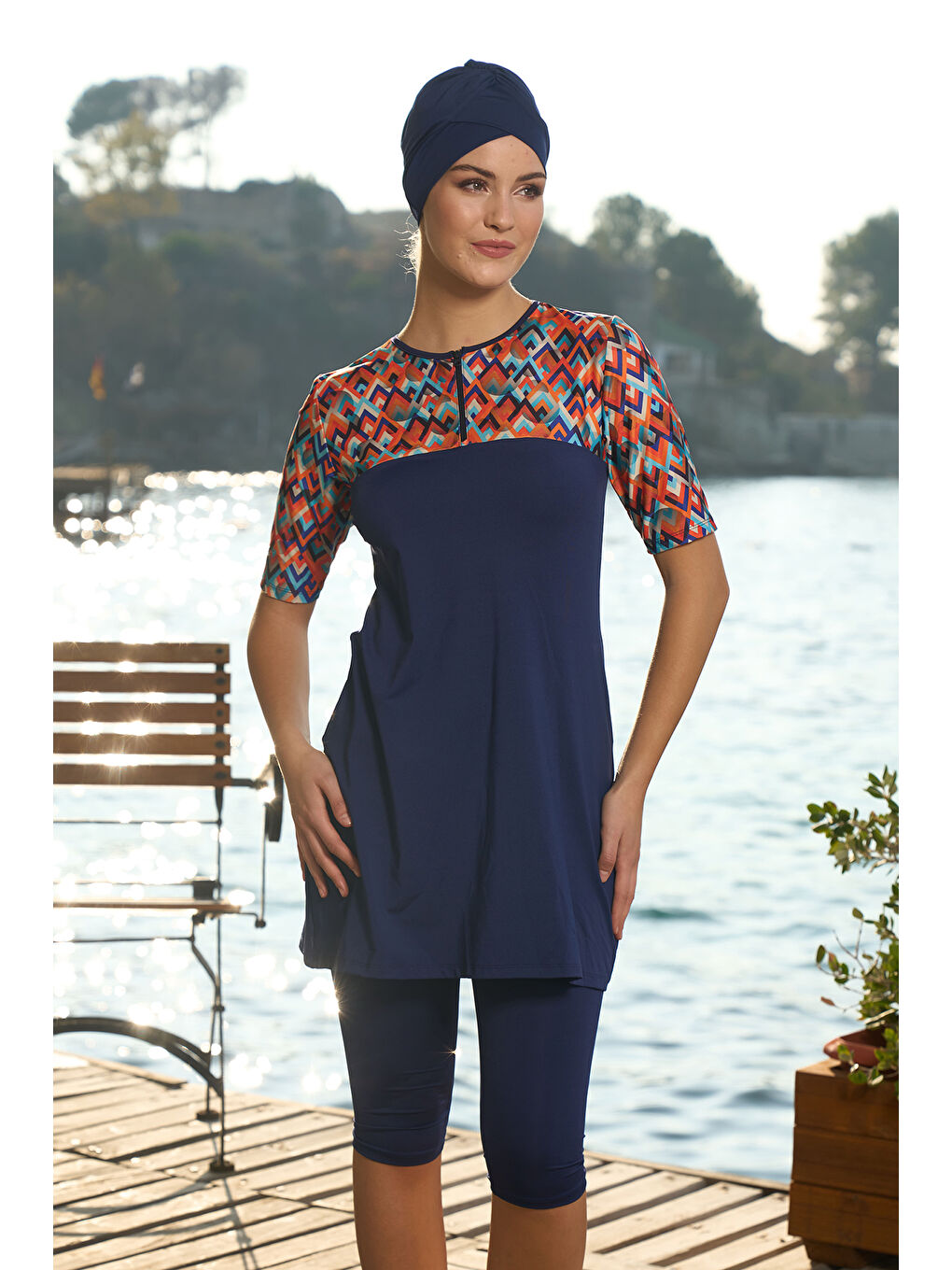 Büyük Beden Kısa Kollu Yarı Kapalı Mayo 24821 Lacivert-4