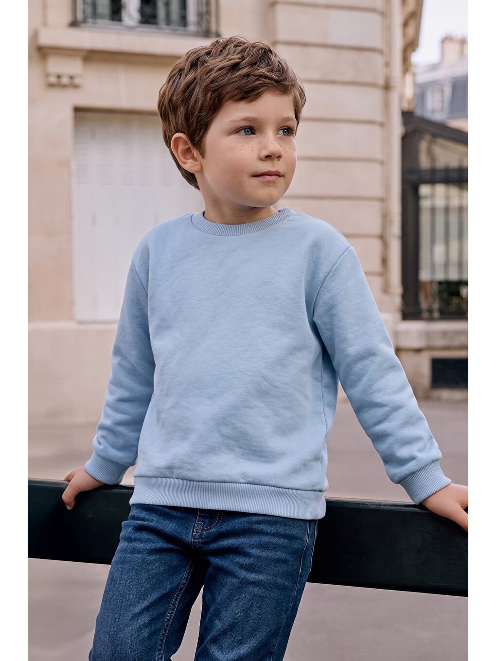 Mavi 3 İplik Basic Unisex Çocuk Sweatshirt-1