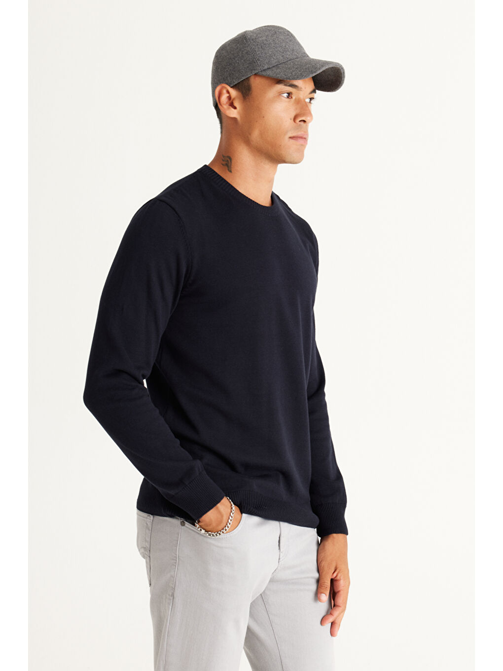 Erkek Lacivert Standart Fit Normal Kesim Bisiklet Yaka Pamuklu Triko Kazak-1