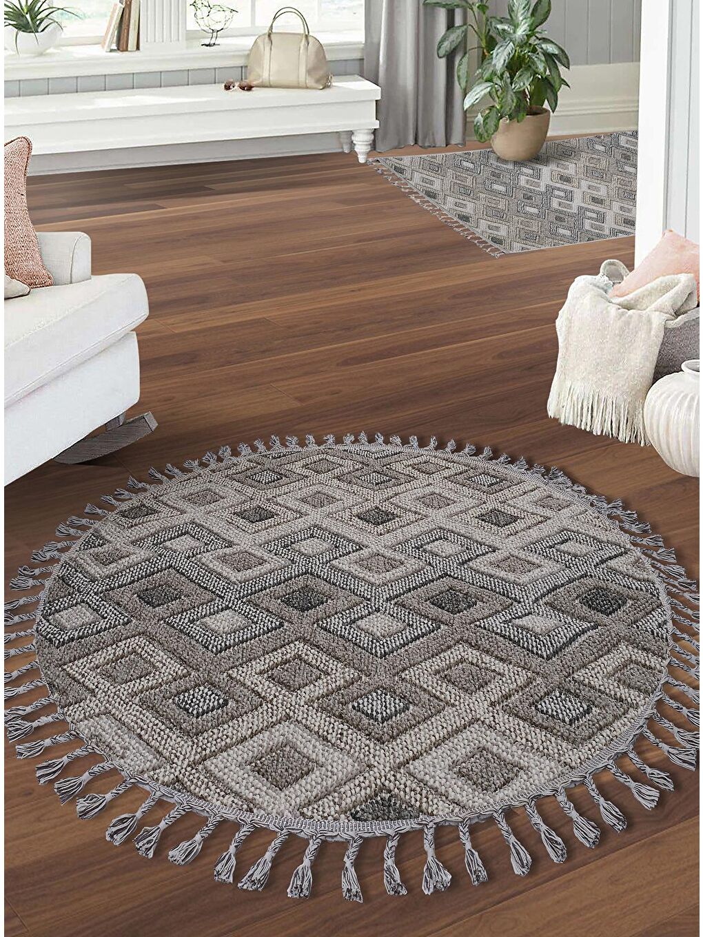 Gri Konfor Beverly 2262 Yuvarlak Modern Dokuma Bukle Halı-160x160 (Yuvarlak)-1