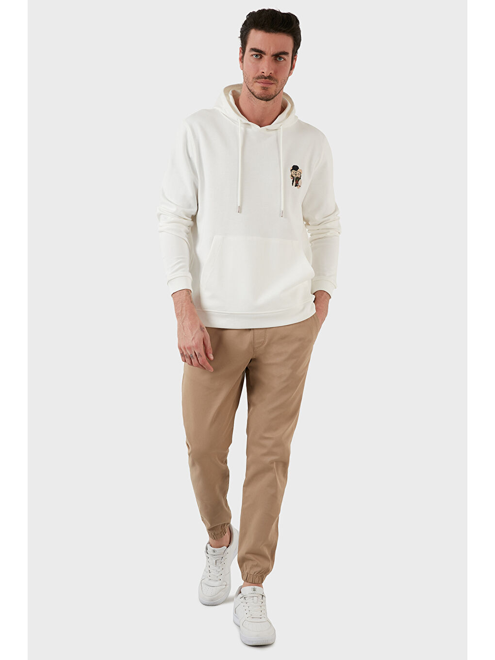 Ekru Pamuklu Regular Fit Kanguru Cepli Kapüşonlu Sweat 6141006B-1