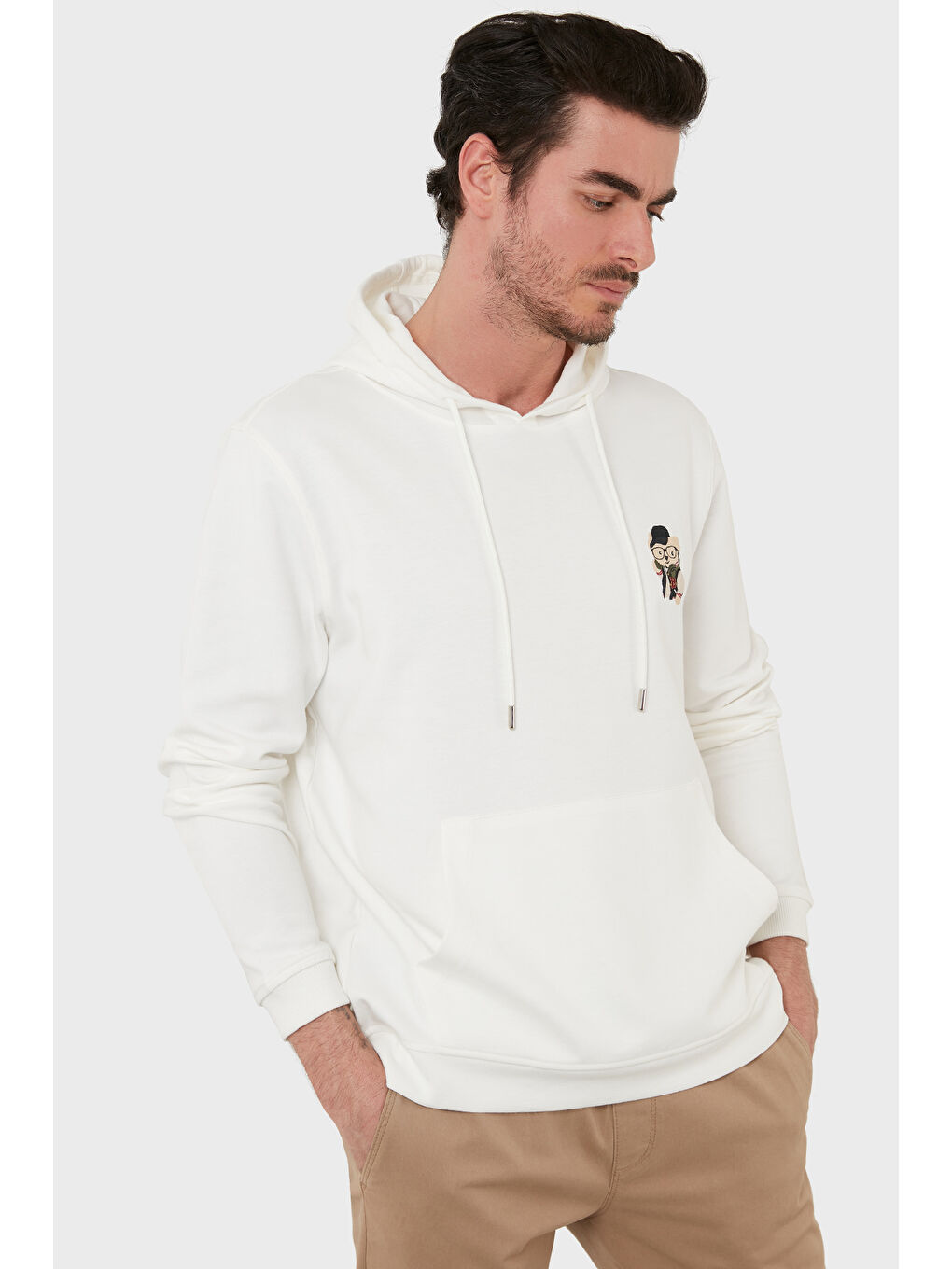 Ekru Pamuklu Regular Fit Kanguru Cepli Kapüşonlu Sweat 6141006B-2