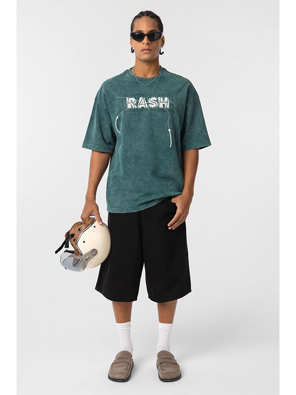 Yıkamalı Oversize Baskılı Tişört Petrol