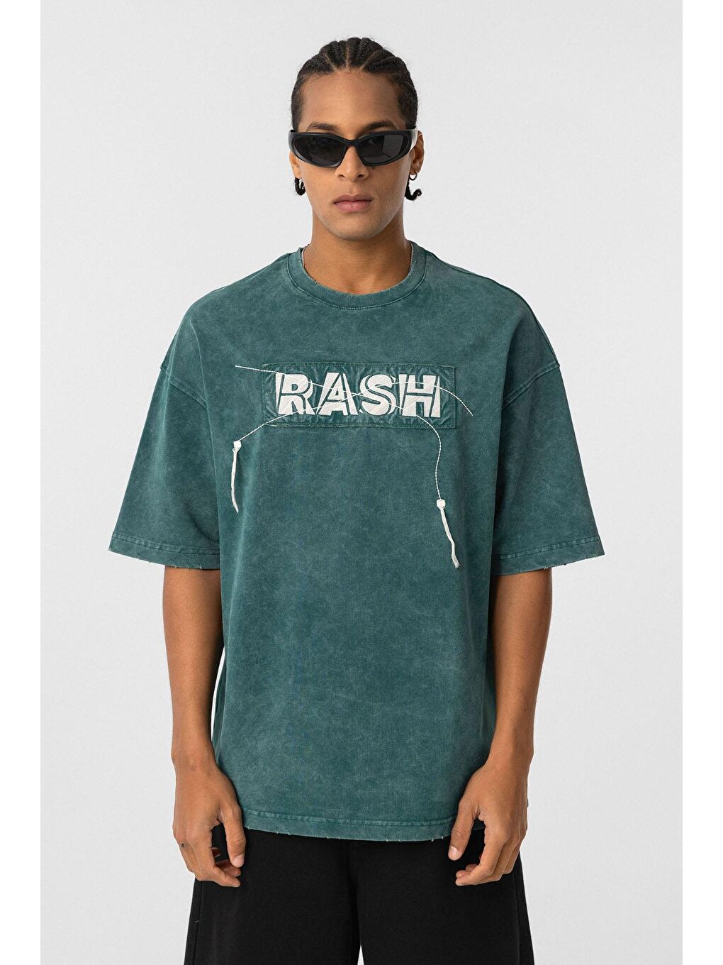 Yıkamalı Oversize Baskılı Tişört Petrol-2