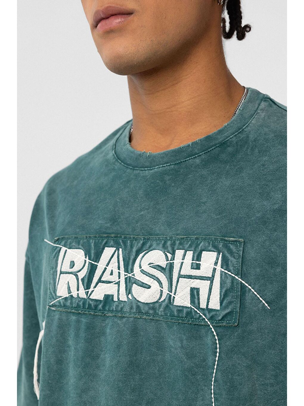 Yıkamalı Oversize Baskılı Tişört Petrol-5