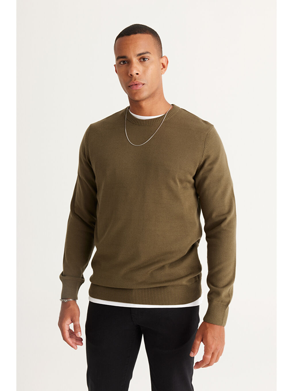 Erkek Haki Standart Fit Normal Kesim Bisiklet Yaka Pamuklu Triko Kazak