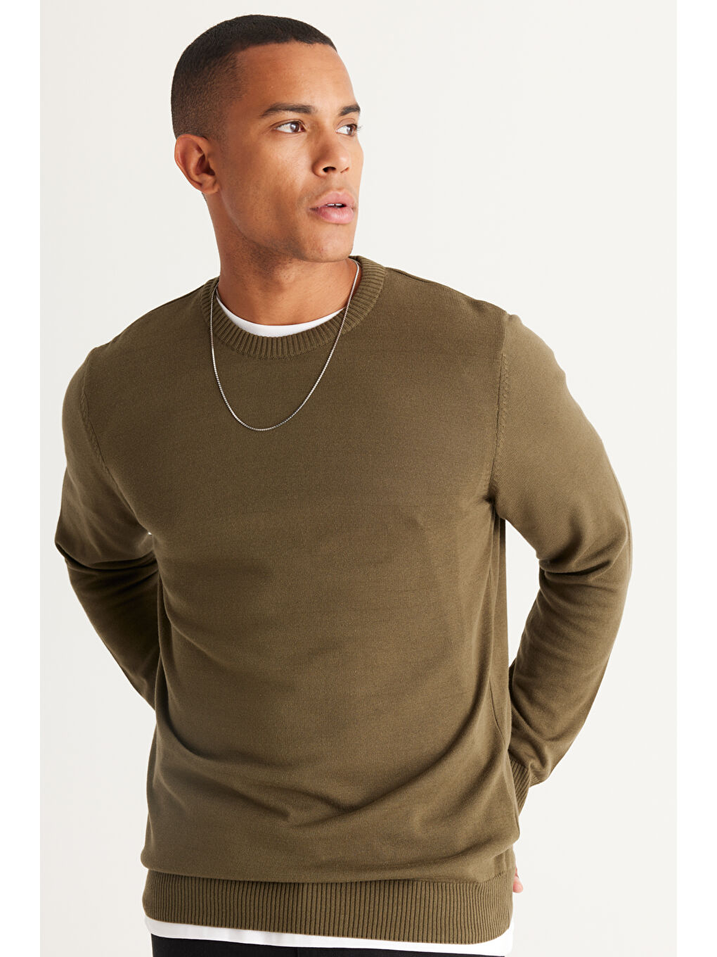 Erkek Haki Standart Fit Normal Kesim Bisiklet Yaka Pamuklu Triko Kazak-1