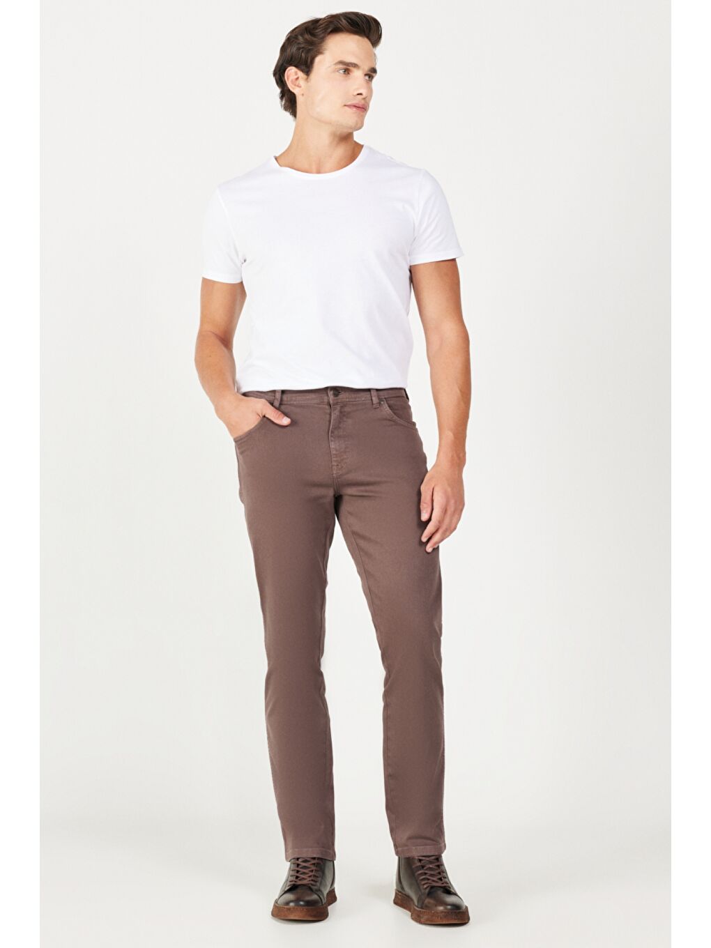 Kahverengi Dar Kesim Esnek Pantolon-1