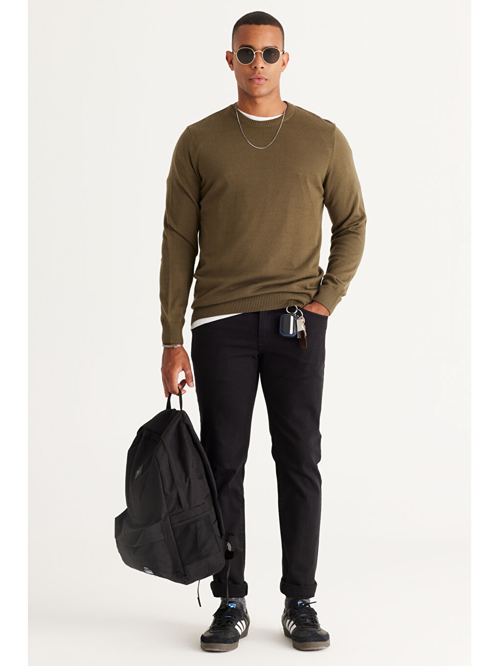 Erkek Haki Standart Fit Normal Kesim Bisiklet Yaka Pamuklu Triko Kazak-2