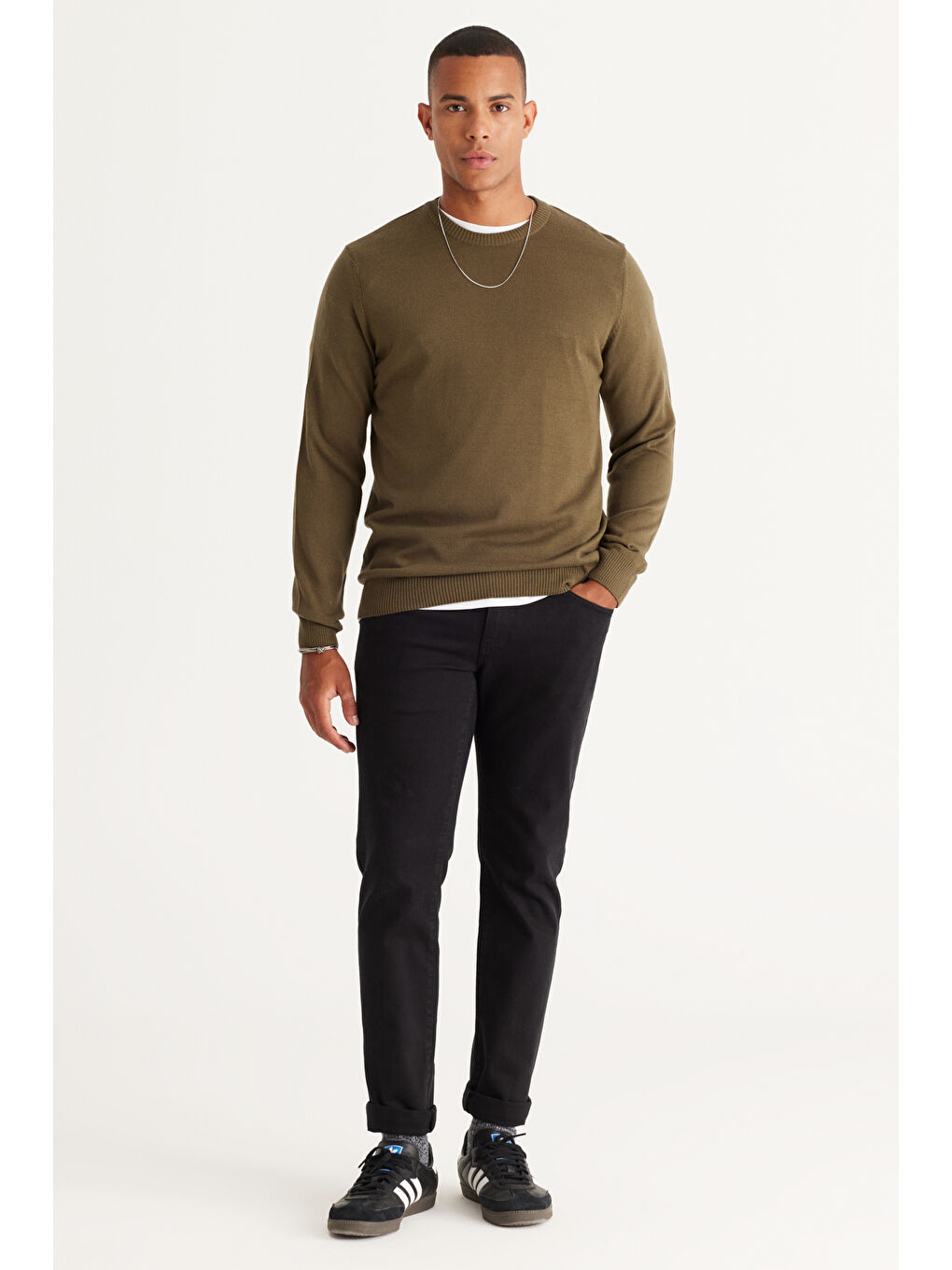 Erkek Haki Standart Fit Normal Kesim Bisiklet Yaka Pamuklu Triko Kazak-3