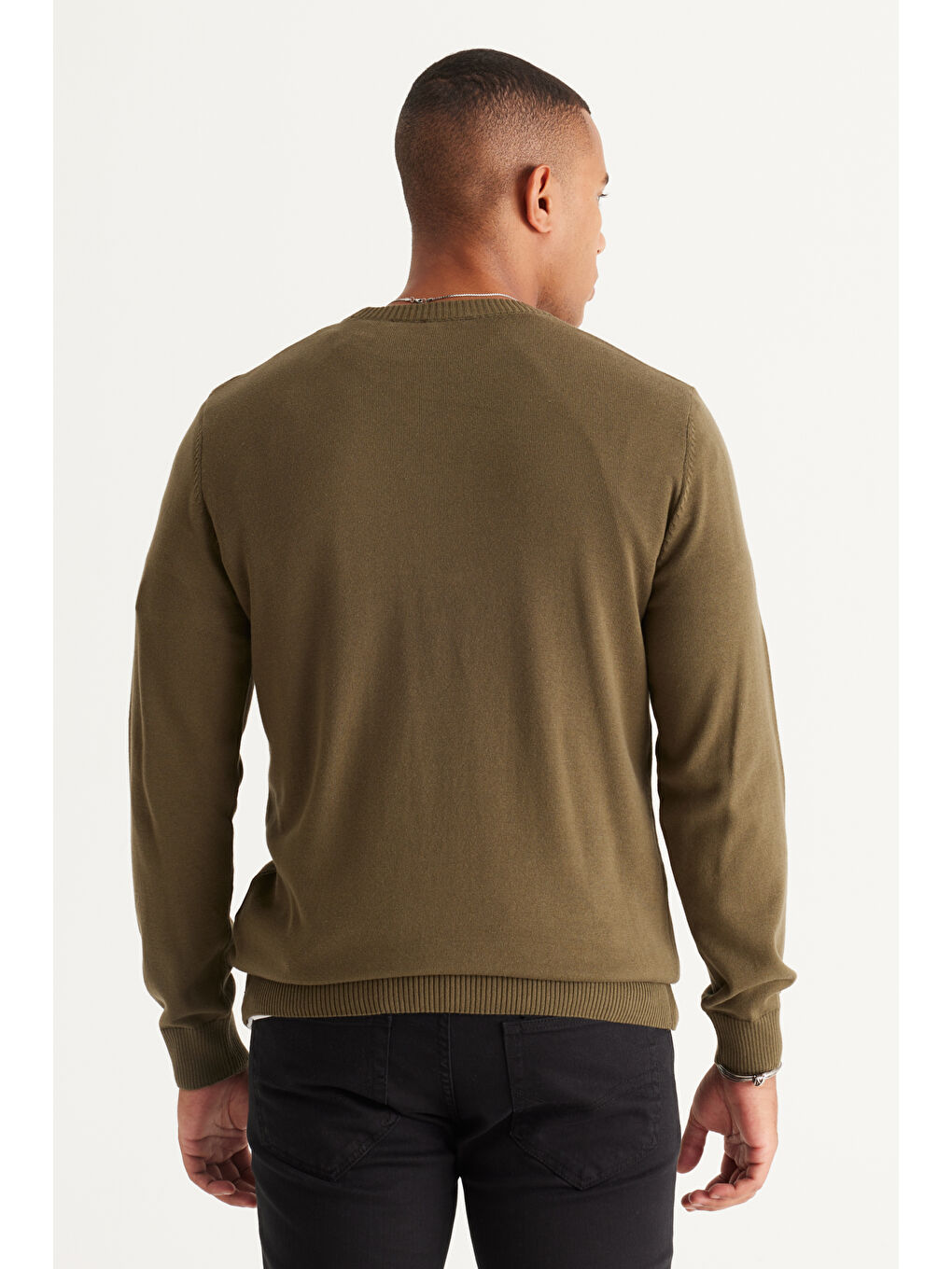 Erkek Haki Standart Fit Normal Kesim Bisiklet Yaka Pamuklu Triko Kazak-4