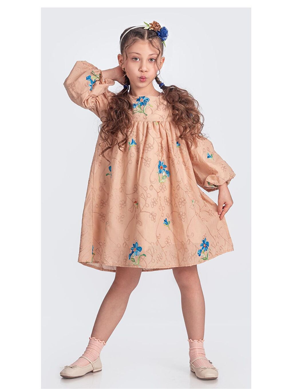 Pembe Otantik Akdeniz Çiçek NakışKız Çocuk Müslin Elbise M00706-5
