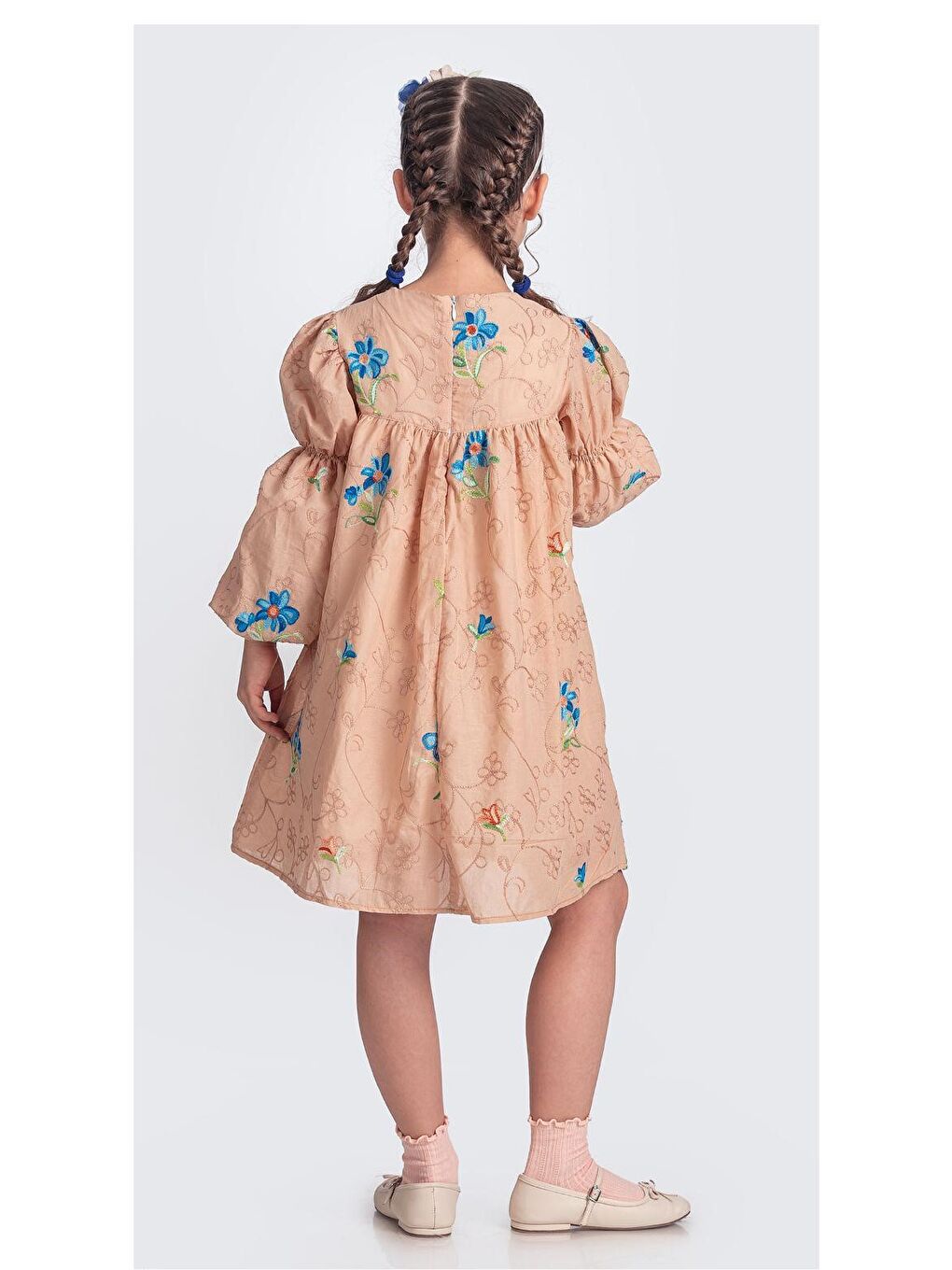 Pembe Otantik Akdeniz Çiçek NakışKız Çocuk Müslin Elbise M00706-8