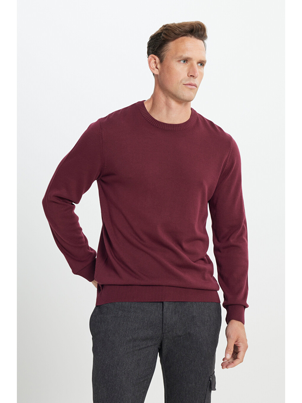 Erkek Bordo Standart Fit Normal Kesim Bisiklet Yaka Pamuklu Triko Kazak-2
