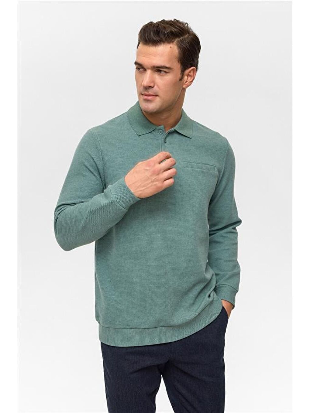 Haki Regular Armürlü Polo Yaka Sweatshirt-1