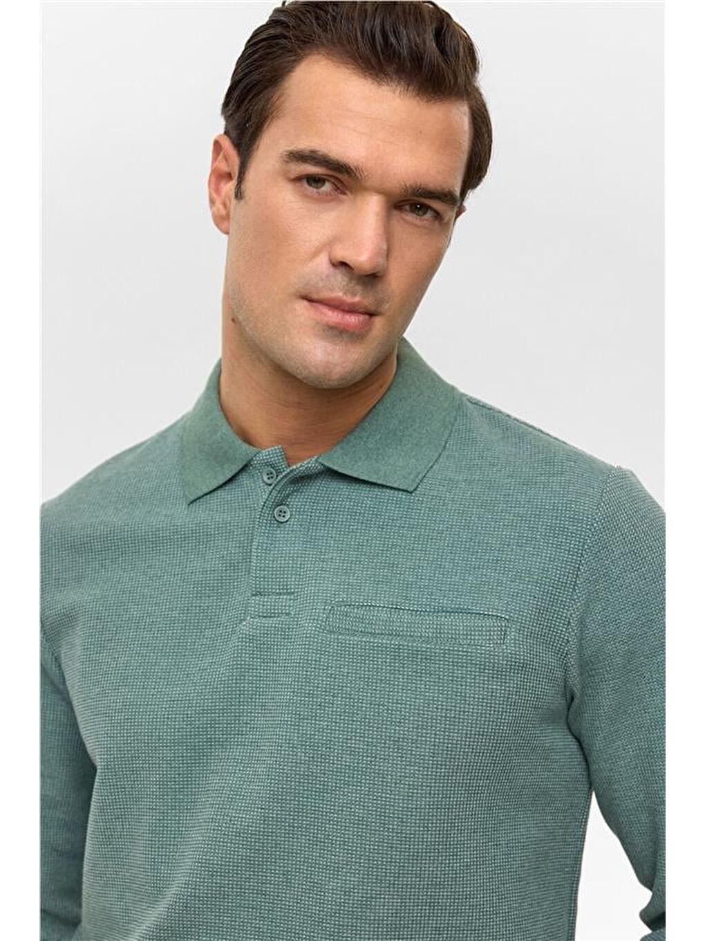 Haki Regular Armürlü Polo Yaka Sweatshirt-2