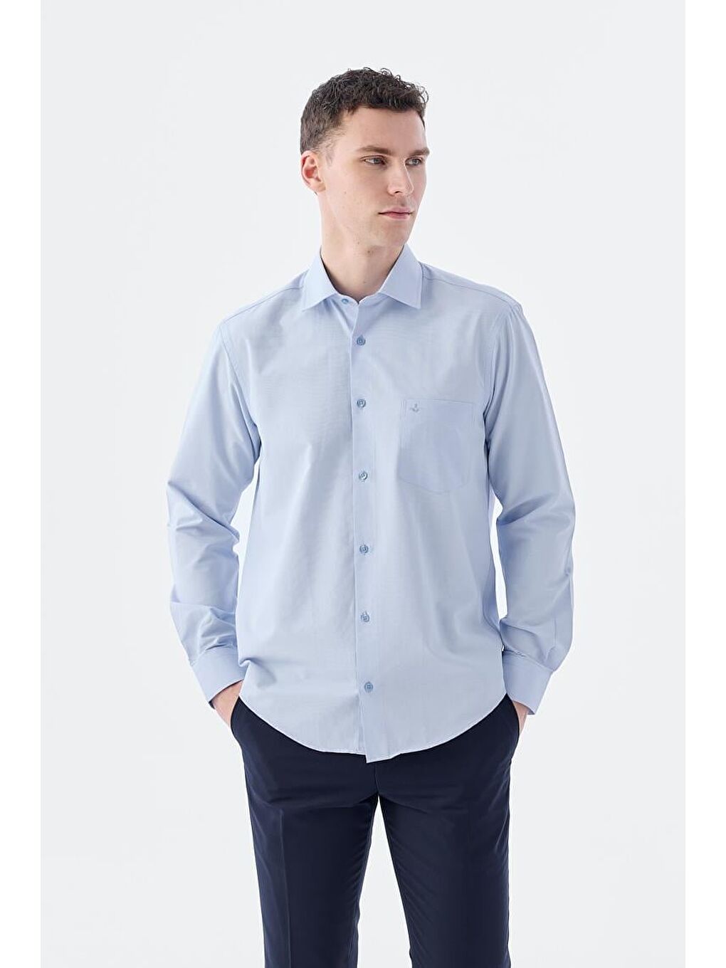 Mavi Klasik Fit İtalyan Yaka Uzun Kol Klasik Kravatlık Kolay Ütülenebilir Pamuklu Gömlek